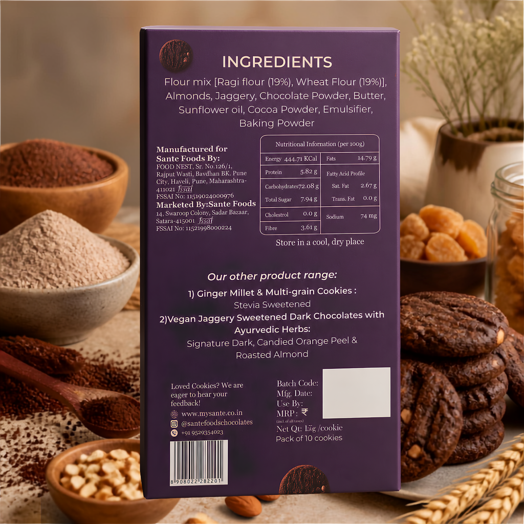 Millet & Multigrain Cookies – Ragi, Cocoa & Almond| Jaggery Sweetened| Pack of 10 Cookies