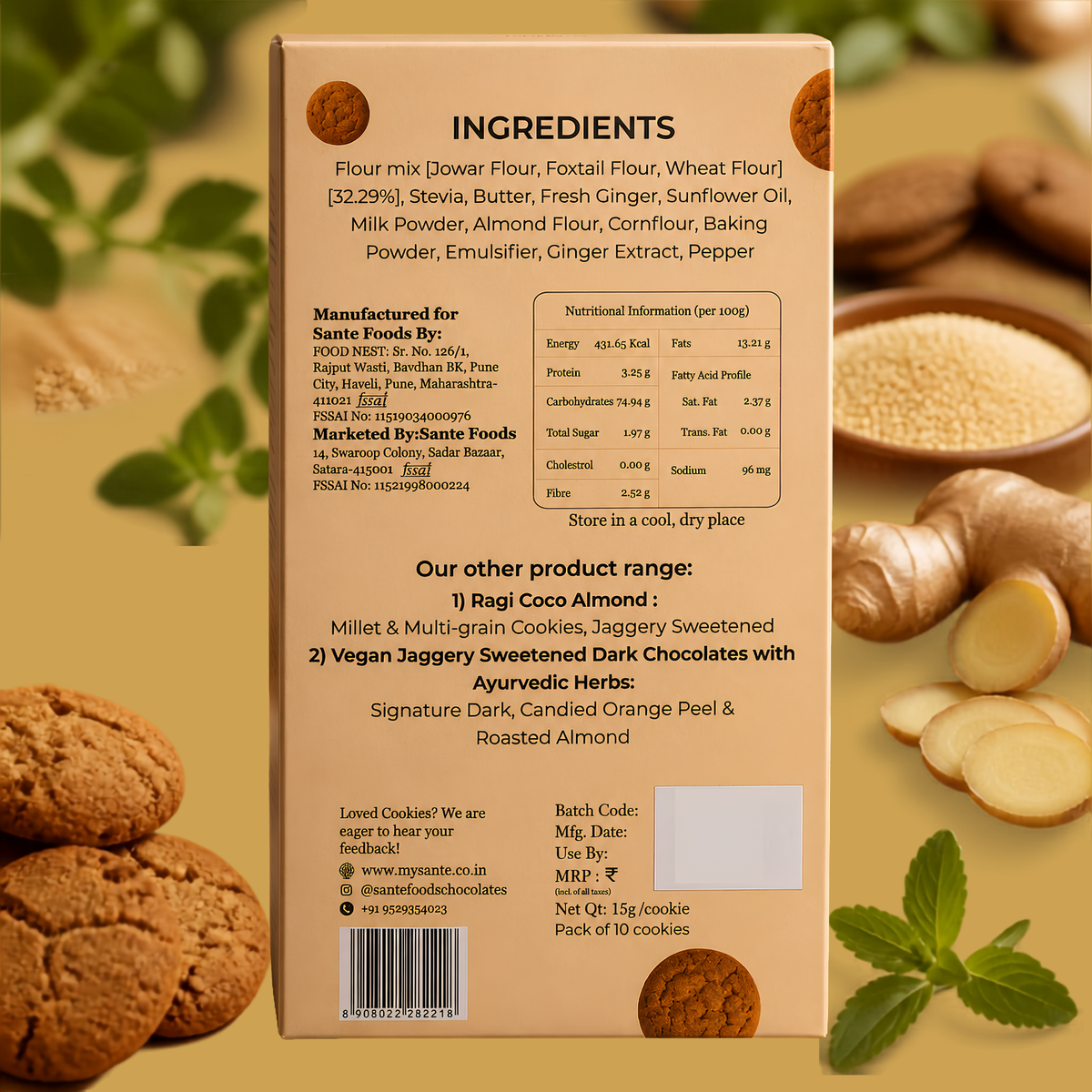 Millet & Multigrain Cookies – Ginger| Stevia Sweetened| Pack of 10 Cookies| Diabetic friendly