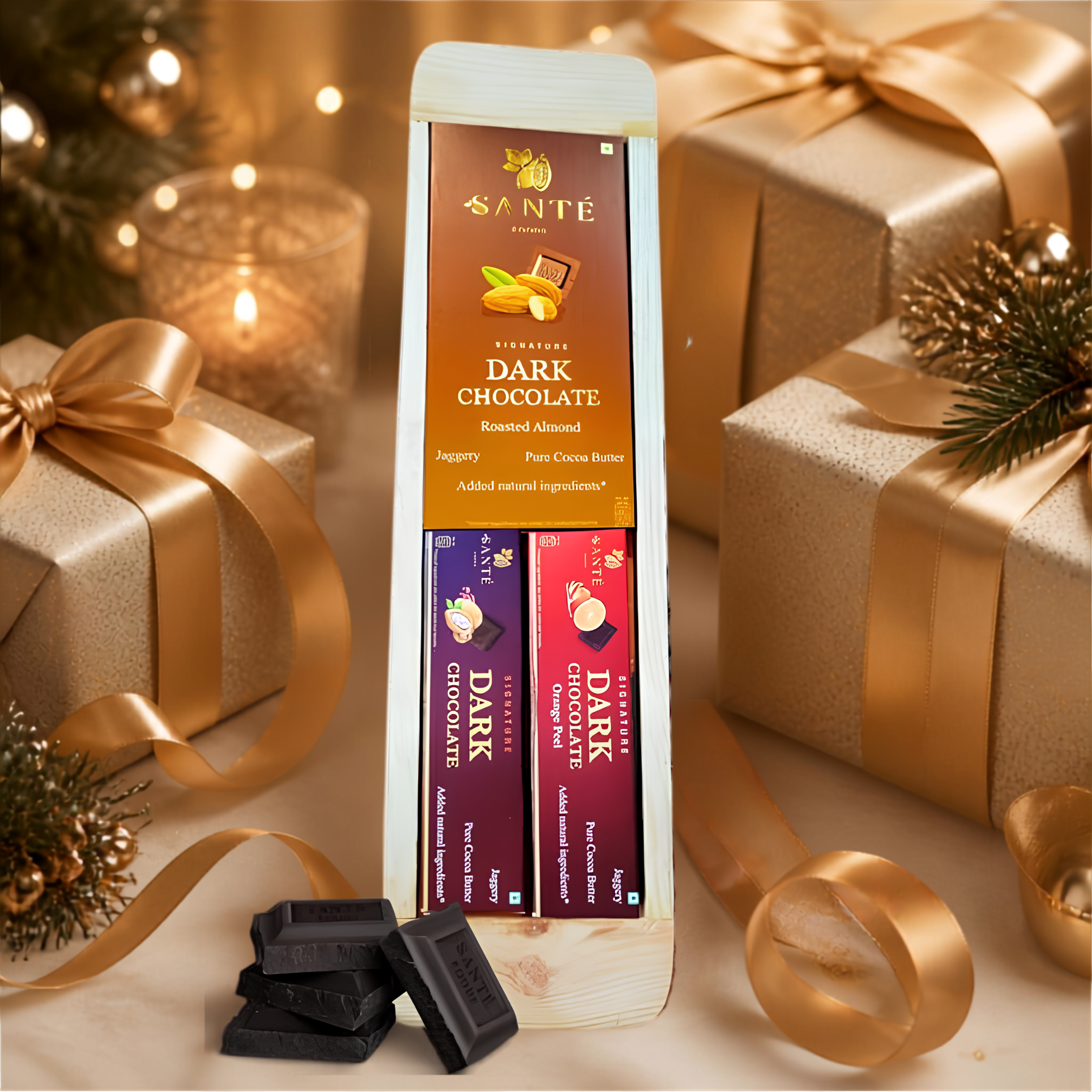 Tray Bien Gift Hamper| Pine & Re-engineered wood| Jaggery Sweetened Dark Chocolates