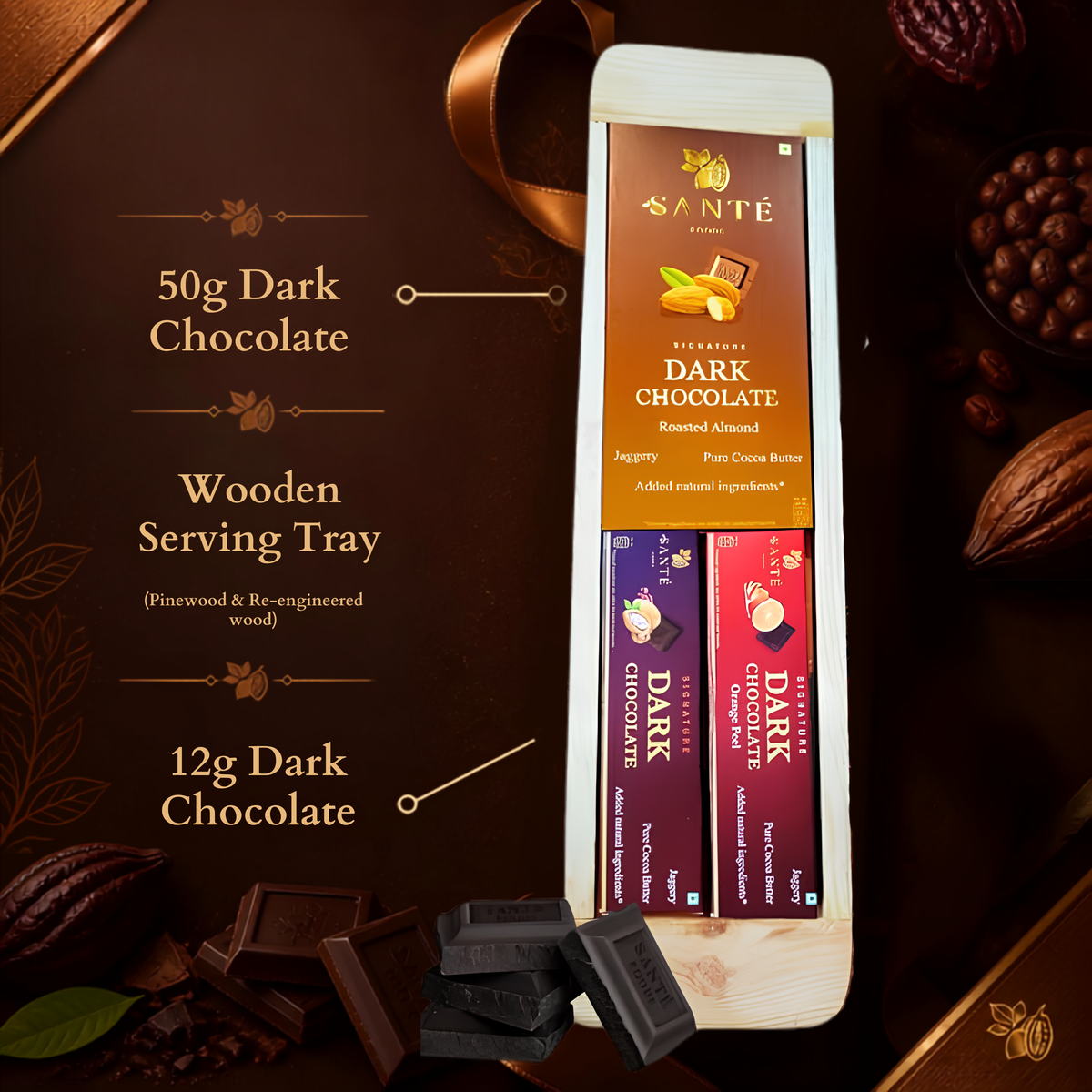 Tray Bien Gift Hamper| Pine & Re-engineered wood| Jaggery Sweetened Dark Chocolates