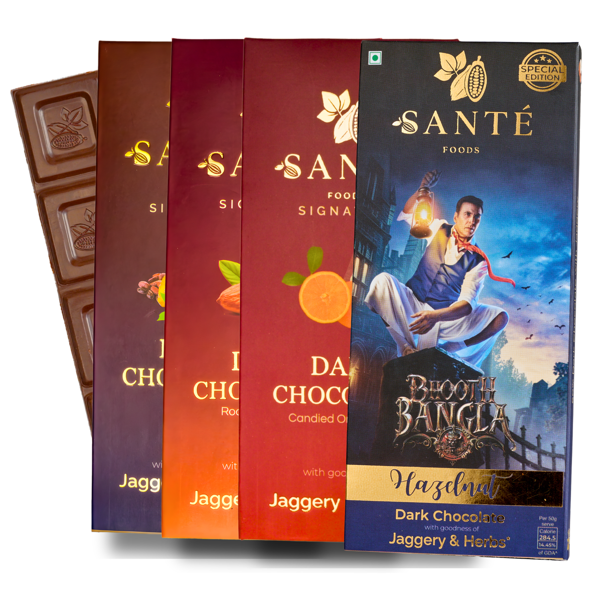 Assorted Pack of 4 | Jaggery Sweetened Dark Chocolates | Roasted Almond, Hazelnut, Candied Orange Peel, Original Dark| 50g each