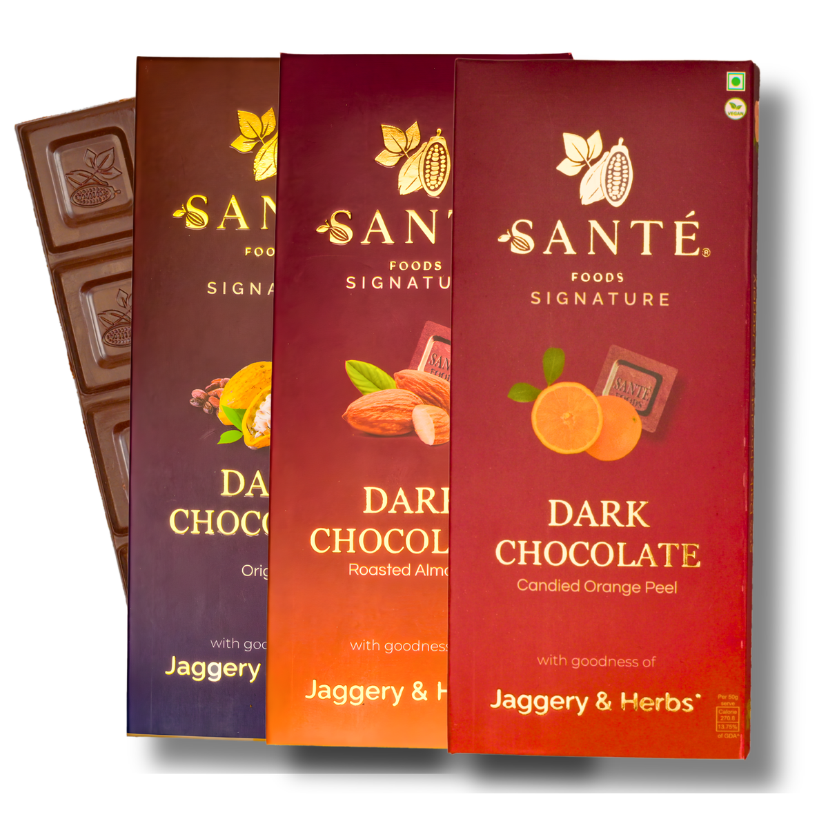 Assorted Pack of 3 | Jaggery Sweetened Dark Chocolates | Roasted Almond, Candied Orange Peel, Original Dark| 50g each