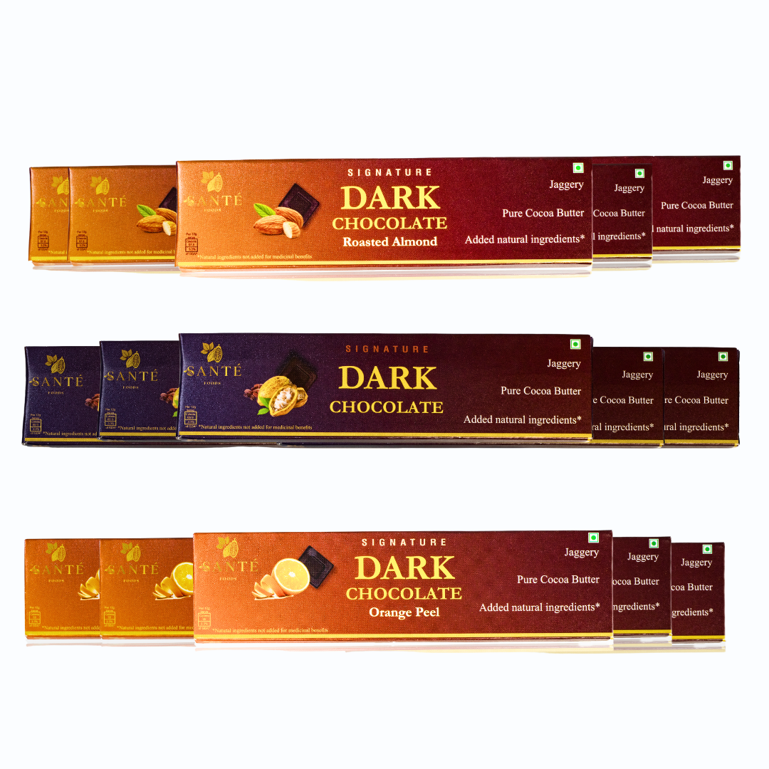 Mini Assorted Pack | Jaggery Sweetened | Candied Orange Peel, Original Dark, Roasted Almond| Pack of 15